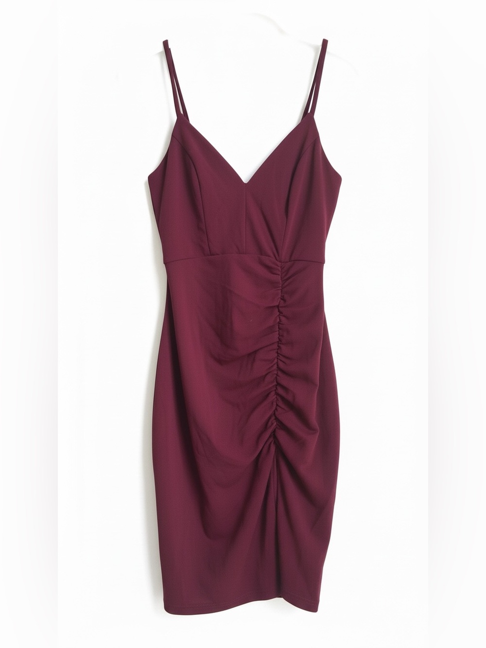 Emerald Sundae Burgundy Ruched Spaghetti-Strap Midi Dress